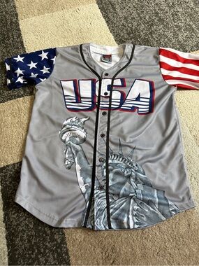 Greater Half USA Men’s Baseball Jersey with USA/Trump/Statue of Liberty- Large